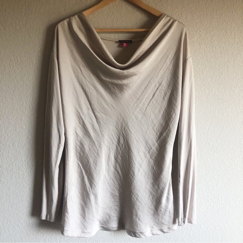 Vince Camuto Drape Front Satin Mixed Media Long Sleeve Top Blouse Champagne